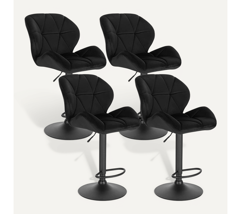 Lot De 4 Tabourets De Bar - Siège En Velours Avec Dossier - Pieds En Métal - Hauteur Réglable - Noir