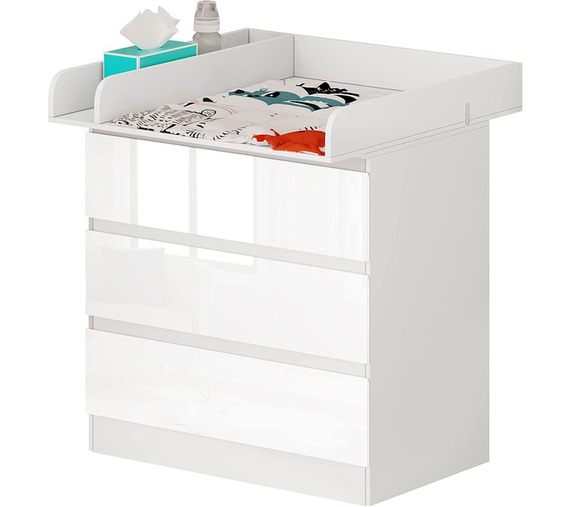 Table à Langer Bébé. Plan à Langer Avec 3 Tiroirs Meuble Enfant En Bois D’ingénierie + Mdf. Blanc