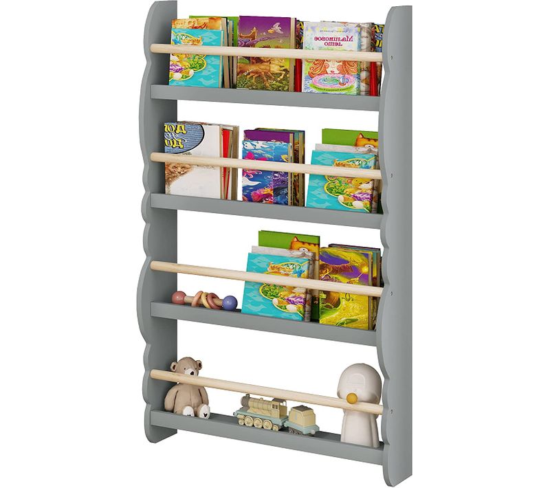 Bibliothèque D'enfants Murale.étagère De Rangement En Bois à 4 Niveaux.60x14.5x98cm.gris
