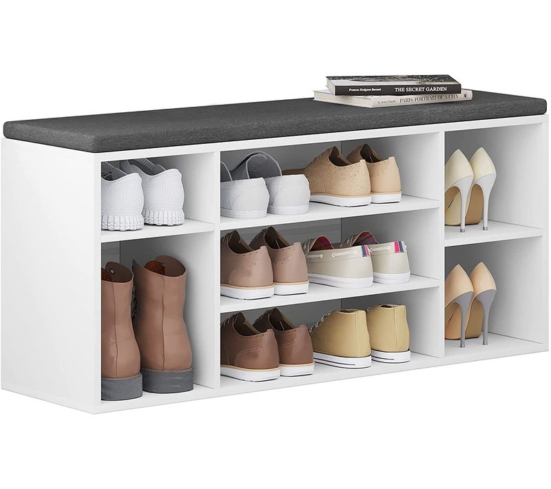 Banc Chaussures.meuble Chaussures Entrée à 7 Compartiments Avec Coussin En Tissu Gris.103.5x30x48cm