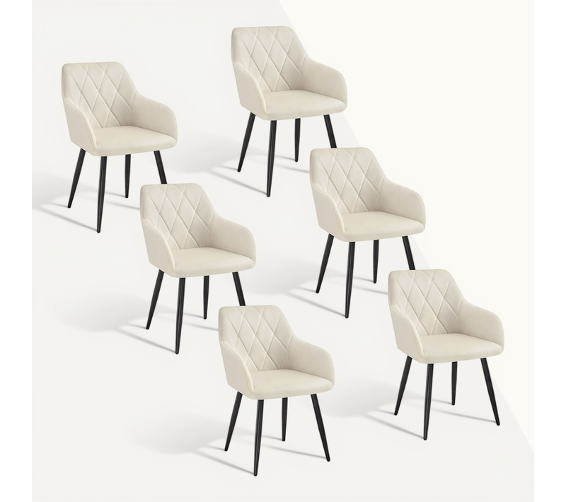 6x Chaise Salle à Manger-Chaise De Cuisine En Velours-Assis Rembourré Et Pieds En Métal-Blanc