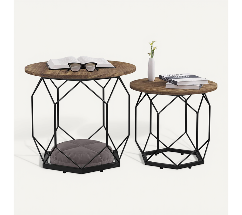 Lot De 2 Tables Basses Gigognes.table De Salon.cadre En Métal.style Industriel.chêne Vintage+noir.