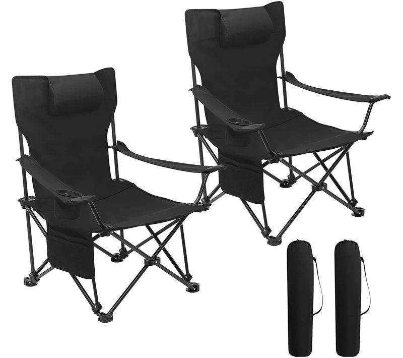 Chaise De Camping Lot De 2 - Fauteuil De Pêche Avec Appui-tête - Sac De Transport - Noir
