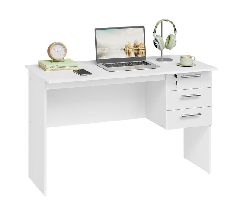 Table De Bureau. Bureau D'ordinateur. Table De Travail PC Avec 3 Tiroirs+Verrou. 120x59x75cm. Blanc