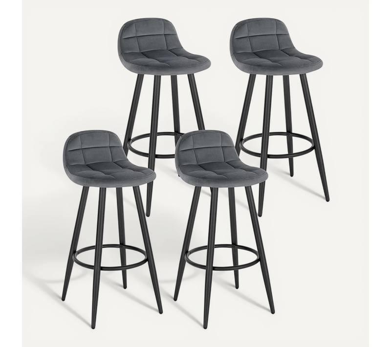 Lot De 4 Tabourets De Bar Modernes. Chaise De Cuisine En Velours+Métal. Hauteur D'assise. Gris Foncé