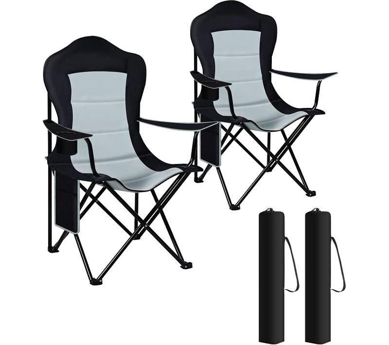 Lot De 2 Chaise De Camping Pliable - Chaise De Pêche - Chaise De Jardin Exterieur. Noir+Gris Clair