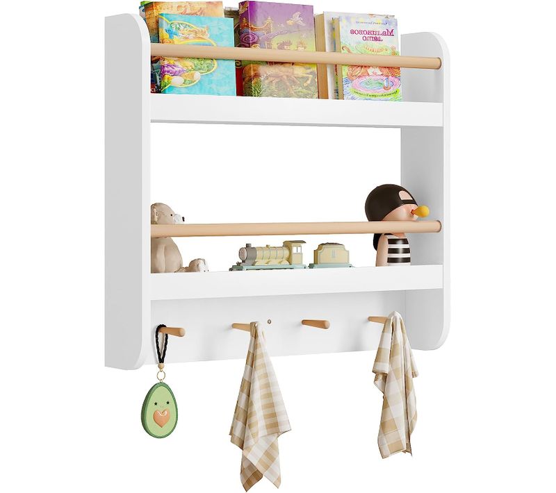 Bibliothèque Enfant.Etagère Murale Pour Enfants Avec 4 Crochets.60x12x55cm.Blanc