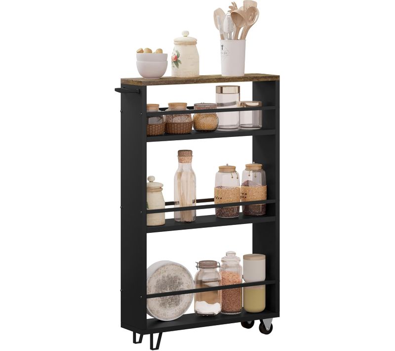 Desserte à Roulettes à 3 Niveaux.chariot De Rangement Avec Poignée Et Freins.marron Rustique+noir