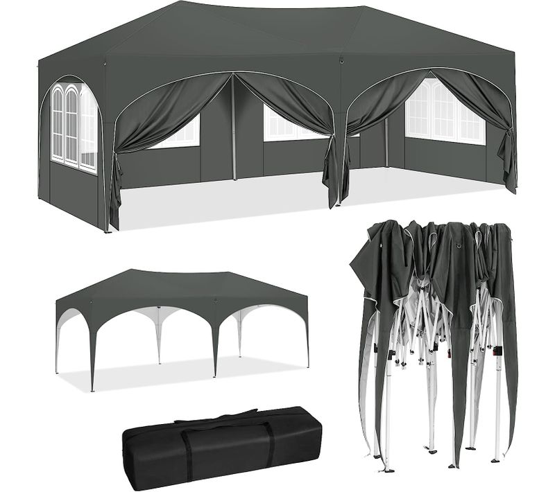 Tonnelle De Jardin 3x6m-Pergola Pliante Avec 6 Parois Latérales-Hauteur Réglable-Imperméable-Gris