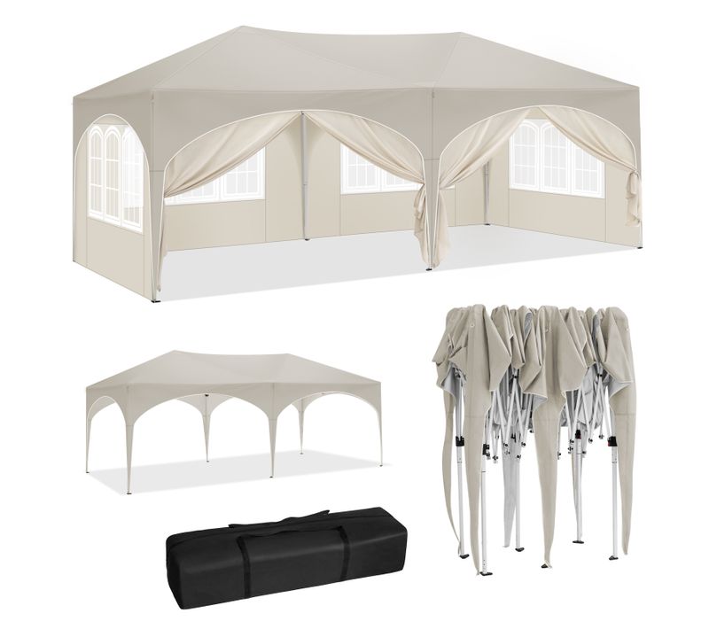 Tonnelle De Jardin Imperméable 3x6m. Pergola Pliante Avec 6 Parois Latérales. Beige