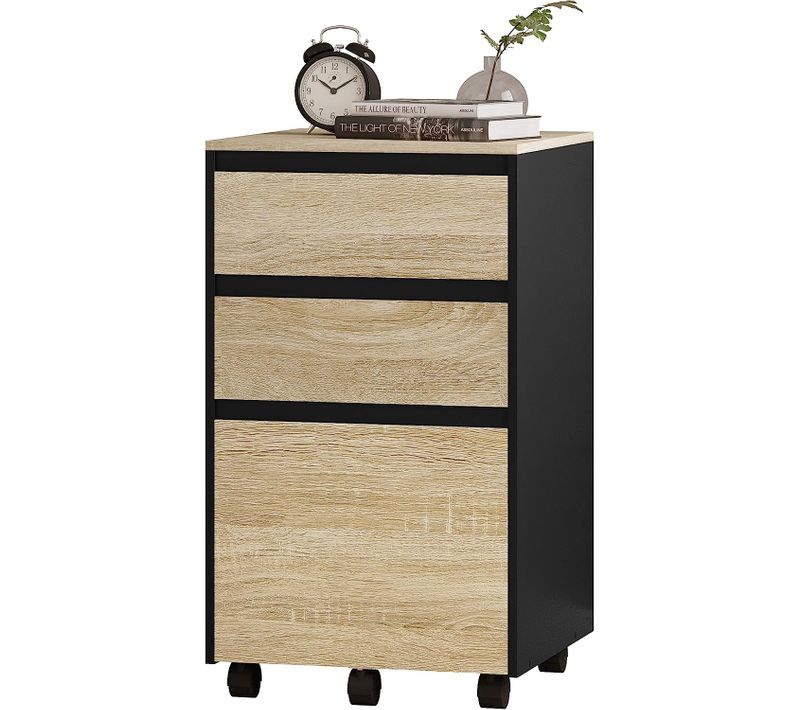 Caisson Mobile. Meuble Rangement Bureau Avec 3 Tiroirs. 40x40x70cm. Chêne Clair Et Noir