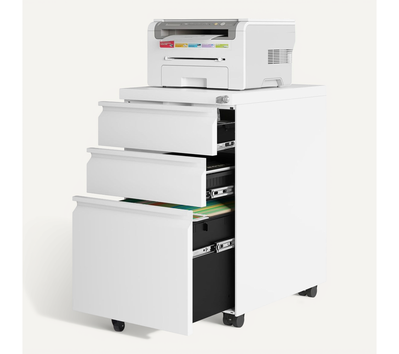 Caisson De Bureau Mobile.meuble De Rangement En Métal Avec 3 Tiroirs Sur Roulettes.39x46x62cm.blanc