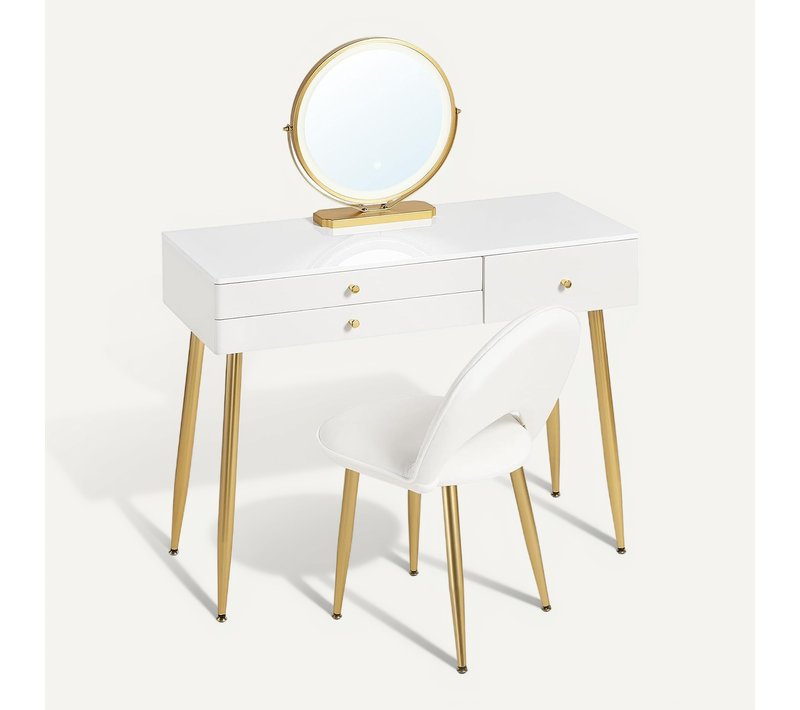 Coiffeuse Avec Miroir LED Réglable et Chaise En Velours. Table De Maquillage Avec 3 Tiroirs.Crème+Or