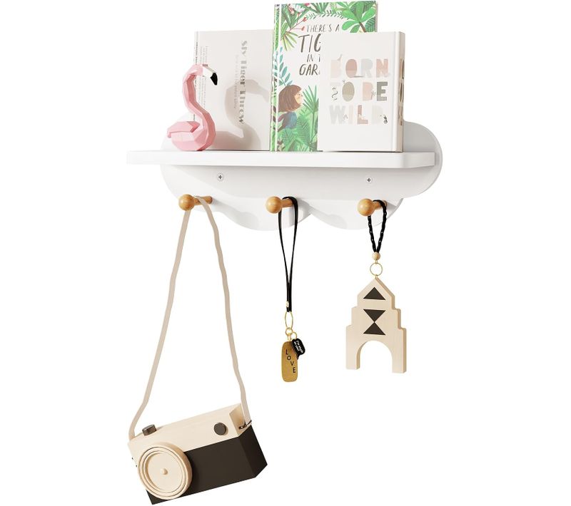 Étagère Murale Enfant,bibliothèque Enfant Avec 3 Crochets,forme De Nuage,en Mdf,36x20,5x12cm,blanc