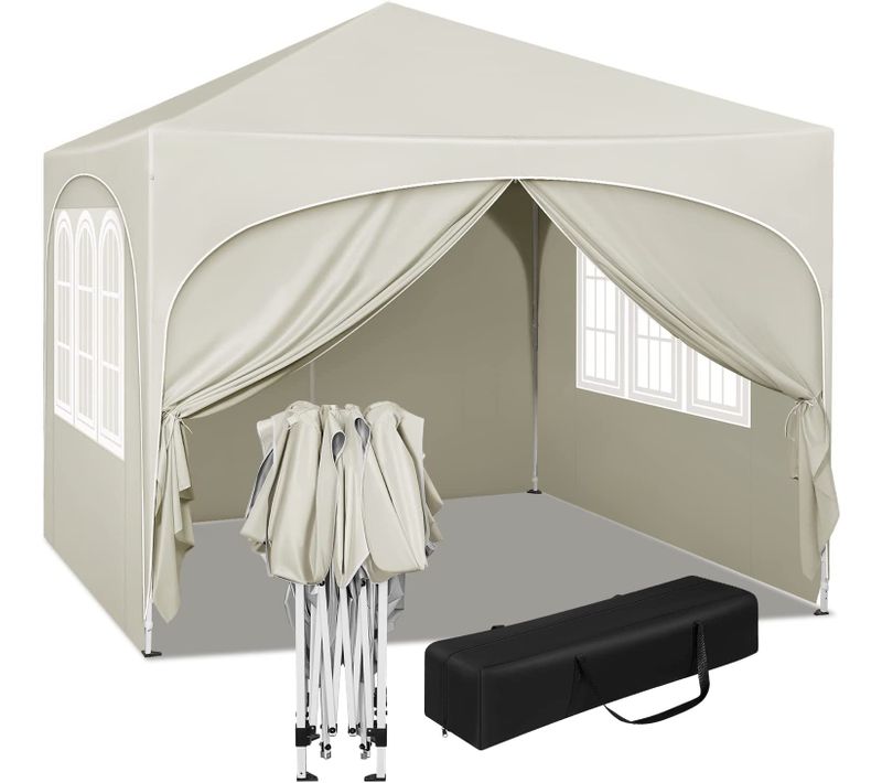 Tonnelle De Jardin 3x3m. Pergola Pliante Avec 4 Parois Latérales. Hauteur Réglable. Beige