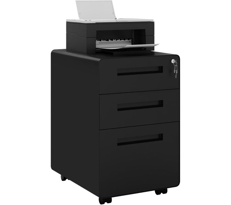 Caisson Bureau à Roulettes,Meuble Rangement Bureau Avec 3 Tiroirs Verrouillable,En Métal,Noir