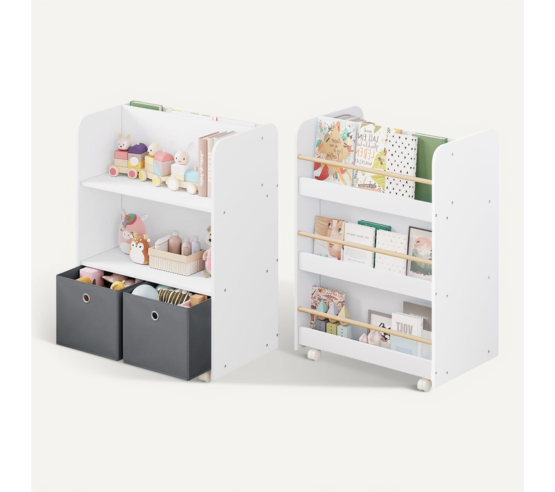Étagère Pour Enfants Sur Roulettes, Bibliothèque Enfant 2 En 1, Bois, 62,5x82,5x40cm, Blanc