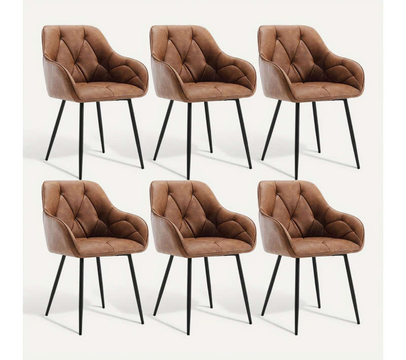Lot De 6 Chaise De Salle à Manger Rembourrée, Pieds En Métal, En Simili Cuir Vintage, Marron