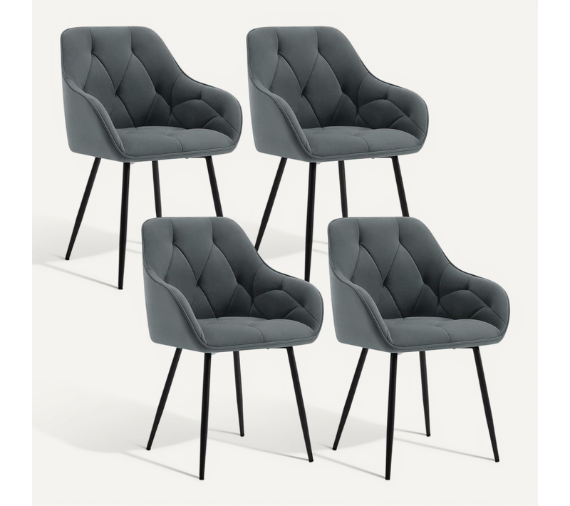 Lot De 4 Chaises De Salle à Manger. Chaise Cuisine En Velours Rembourrée. Pieds En Métal. Gris Foncé