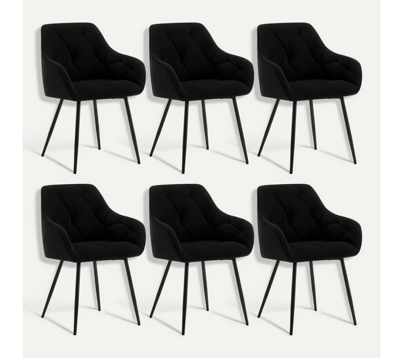 Lot De 6 Chaises De Salle à Manger. Chaise De Cuisine En Velours Rembourrée. Pieds En Métal. Noir