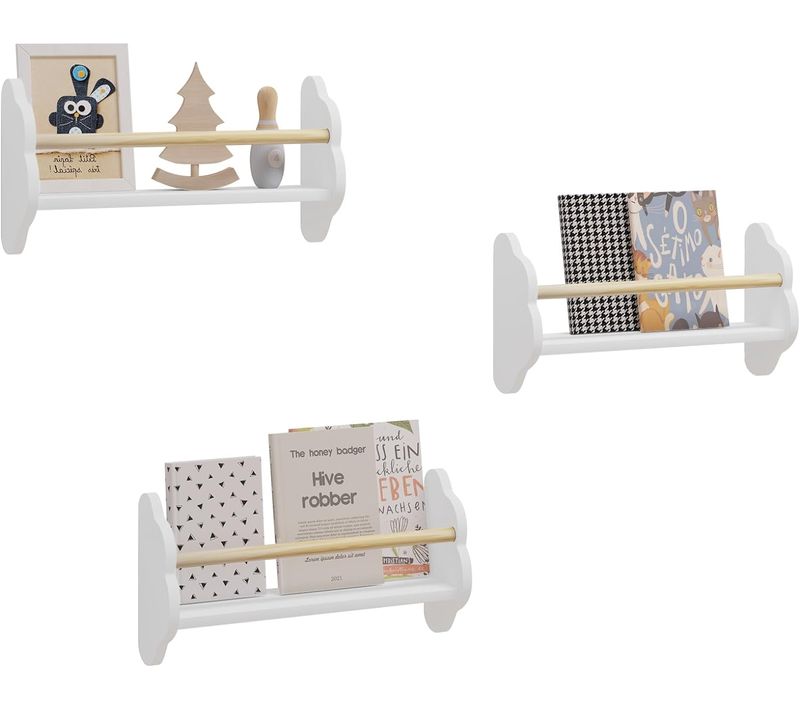 Bibliothèque Enfants, Étagère Murale Pour Enfants Avec 3 Tablettes, En Pin Et Mdf, Blanc