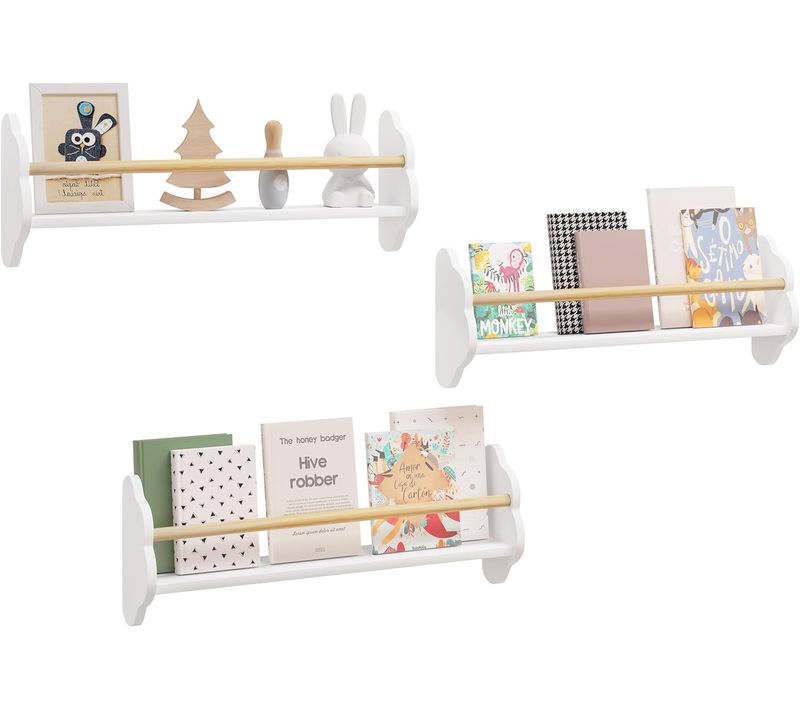 Bibliothèque Enfants, Étagère Murale Pour Enfants Avec 3 Tablettes, En Pin Et Mdf, Blanc