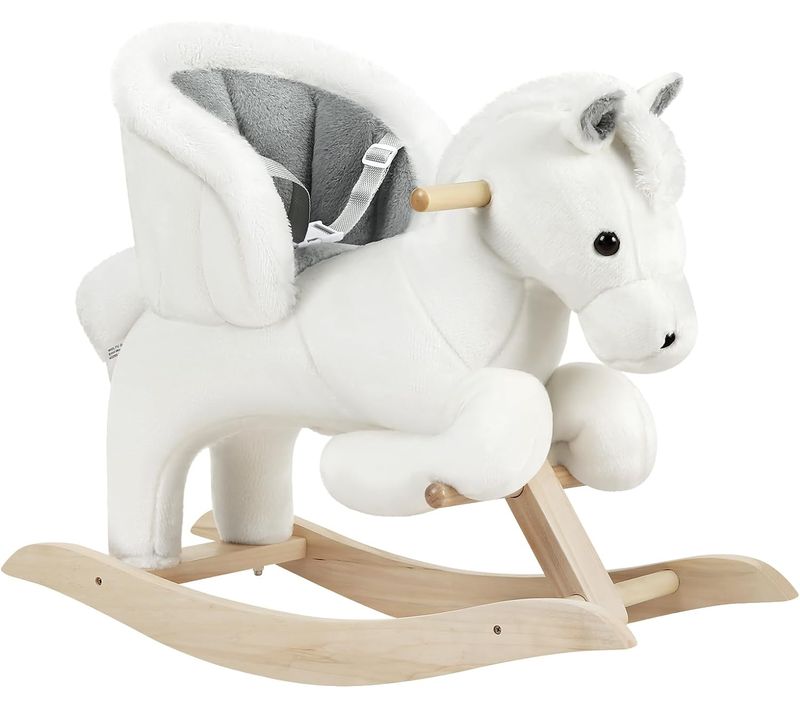 Cheval à Bascule En Peluche,jouet à Bascule En Bois,pour Cadeau D'anniversaire,blanc+gris.