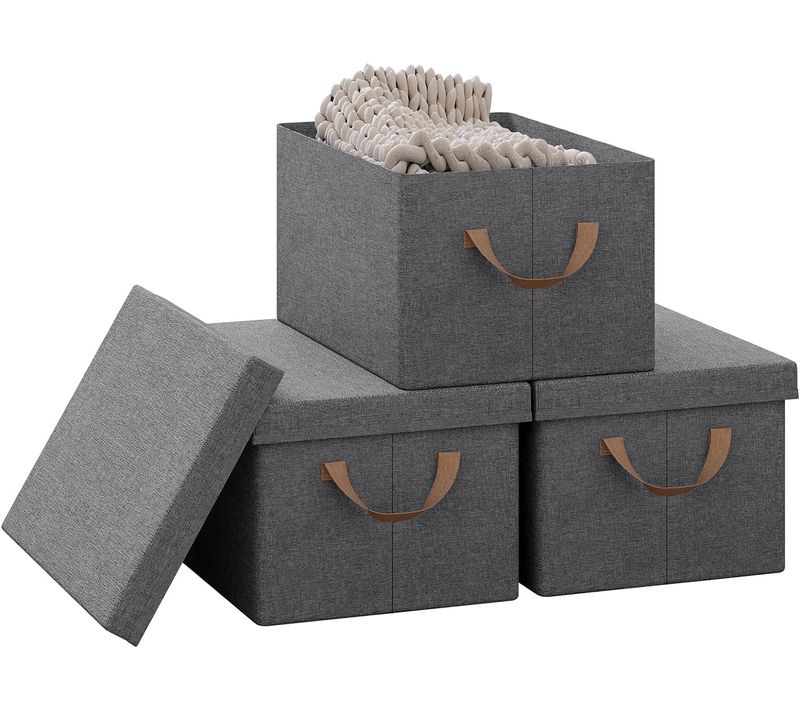 Lot De 3 Boîte De Rangement En Tissu Non Tissé,coffre De Rangement Avec Couvercle,38x27x20cm,gris