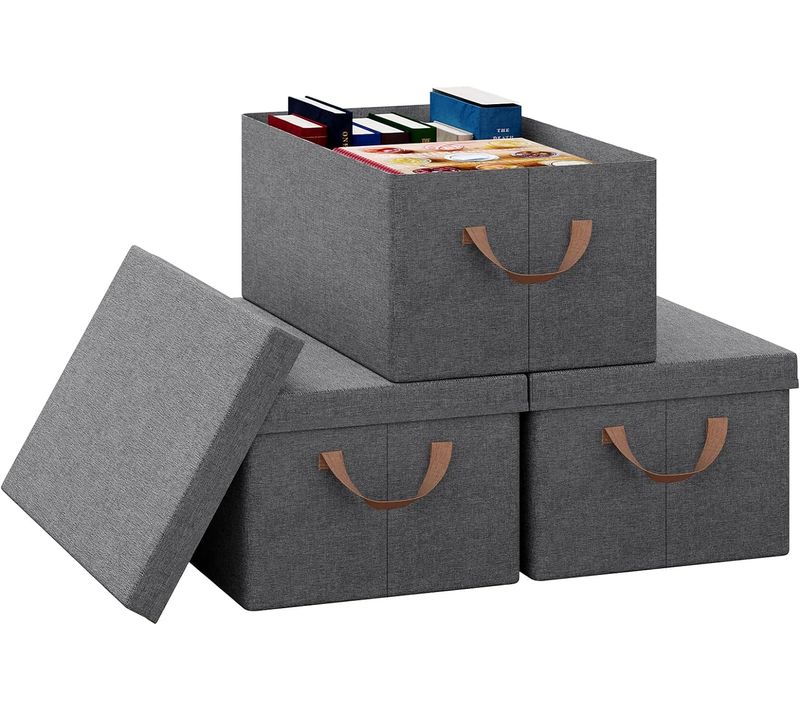 Lot De 3 Boîte De Rangement En Tissu Non Tissé,Coffre De Rangement Avec Couvercle,48x29x20cm,Gris