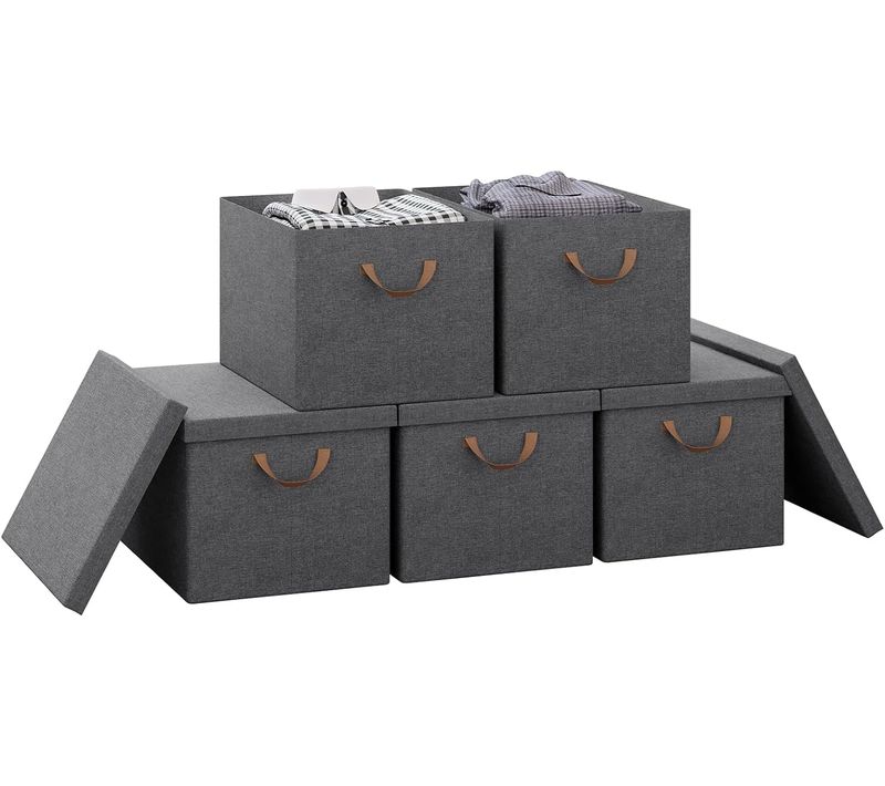 Lot De 5 Boîte De Rangement En Tissu Non Tissé,coffre De Rangement Avec Couvercle,48x36x30cm,gris