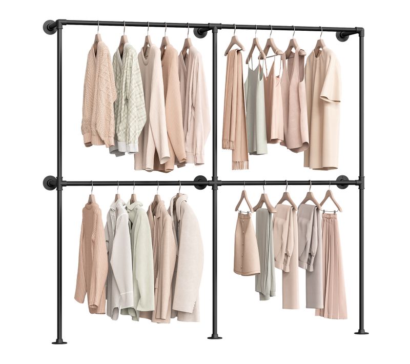 Porte-Manteau Mural, Penderie Murale Avec 4 Tringles, Métal, Noir, 193x36,5x187cm