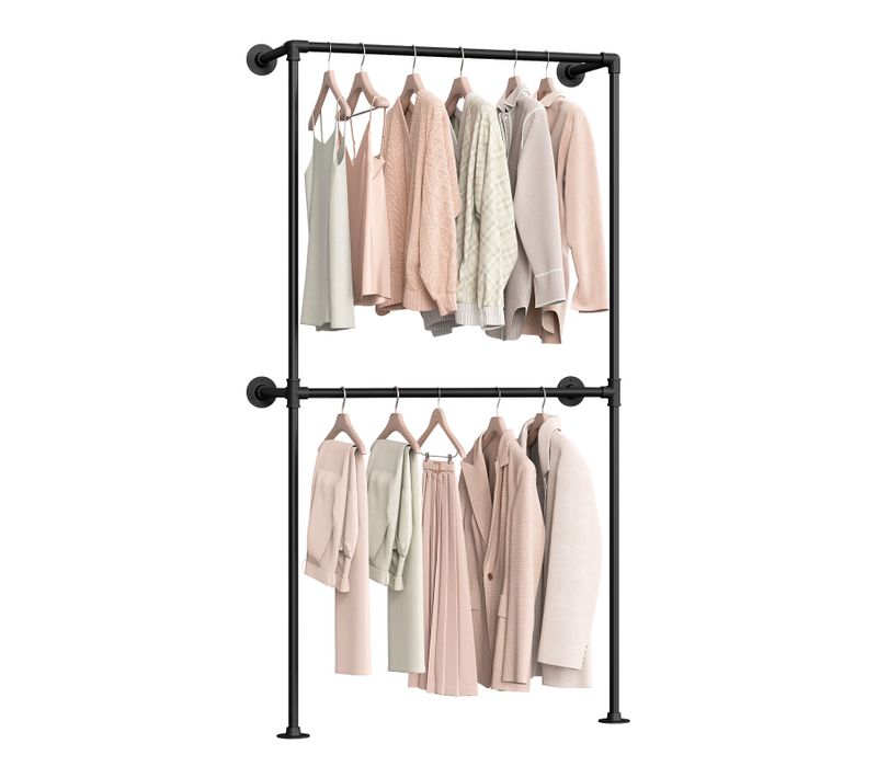 Porte-manteau Mural, Penderie Murale, Avec 2 Tringles, Métal, Noir, 102,5x36,5x187cm