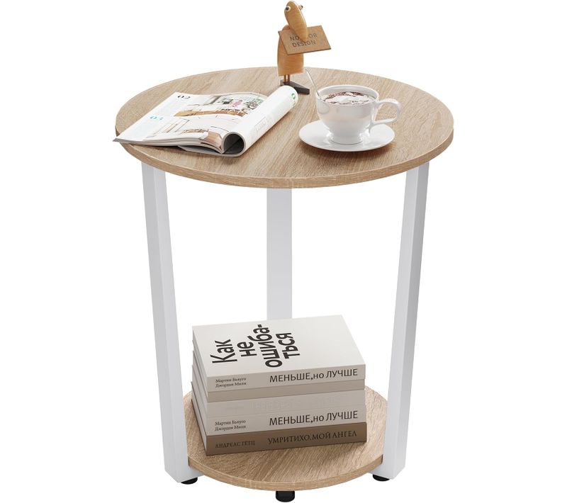 Table D'appoint En Bois,table Basse Ronde à 2 Étagères,table De Chevet,cadre En Métal,chêne Clair