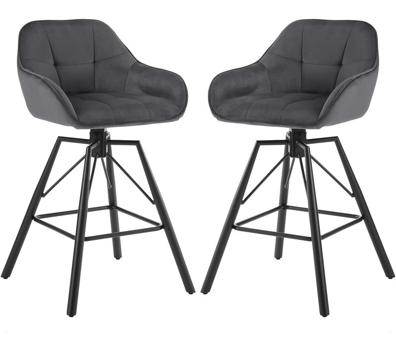Lot De 2 Tabouret Bar En Velours, Chaise De Bar Avec Dossier, Repose-pieds, Pivotant, Gris Foncé