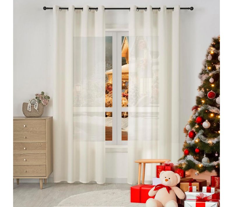 2 Pièce Rideau De Noël Translucide En Effet Lin,décoration De Fenêtre Avec Fronces,135x225cm,crème