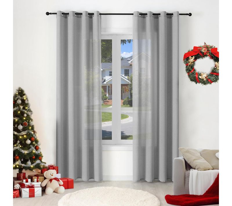 2 Pièce Rideau De Noël Translucide En Effet Lin,décoration De Fenêtre Avec Fronces,135x225cm,gris