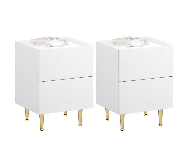 2xtable De Chevet Avec 2 Tiroirs,table D'appoint Avec Plateau,mdf+pvc+métal,40x35x51cm,blanc+doré
