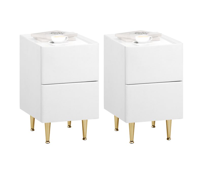 2xtable De Chevet Avec 2 Tiroirs,table D'appoint Avec Plateau,mdf+pvc+métal,40x30x51cm,blanc+doré