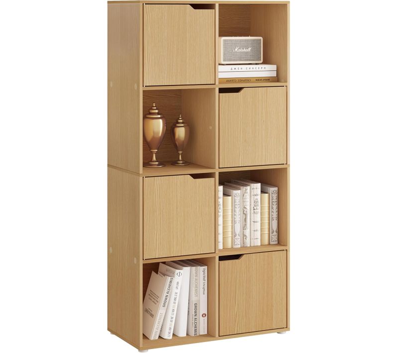Bibliothèque En Bois D'ingénierie,Meuble De Rangement Avec 8 Cubes De Rangement,Portes,Chêne Clair