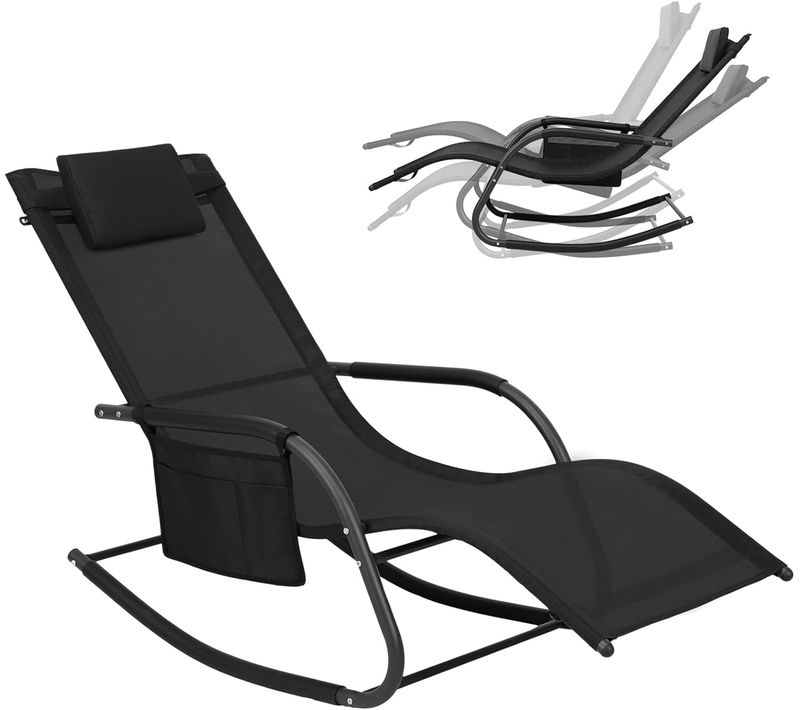 Bain De Soleil Jardin Exterieur,chaise Longue Jardin,avec Appui-tête,accoudoirs+poche Latérale,noir