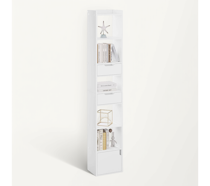 Bibliothèque, Étagère De Rangement Sur Pied Avec 6 Compartiments+2 Tiroirs, En Bois Composé, Blanc