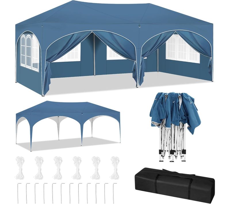 Tonnelle De Jardin Pliante Avec 6 Parois Latérales,imperméable,avec Sac De Transport,3x6m,bleu