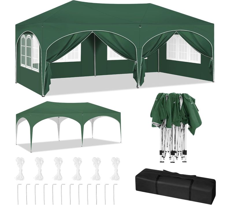 Tonnelle De Jardin Pliante Avec 6 Parois Latérales,Imperméable,Avec Sac De Transport,3x6m,Vert