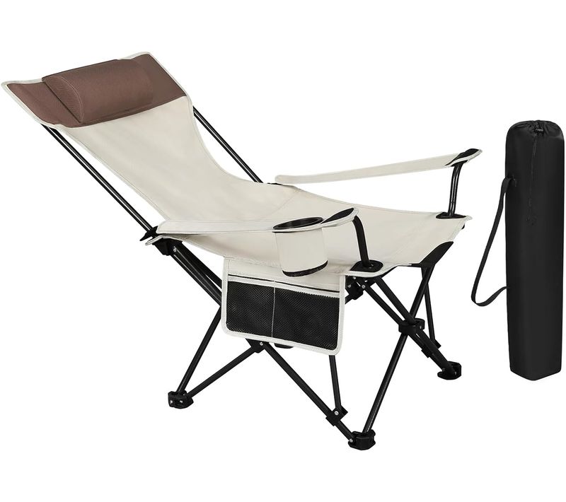 Chaise De Camping Pliable Avec Appui-tête,porte-gobelet,poche De Rangement,sac De Transport,beige