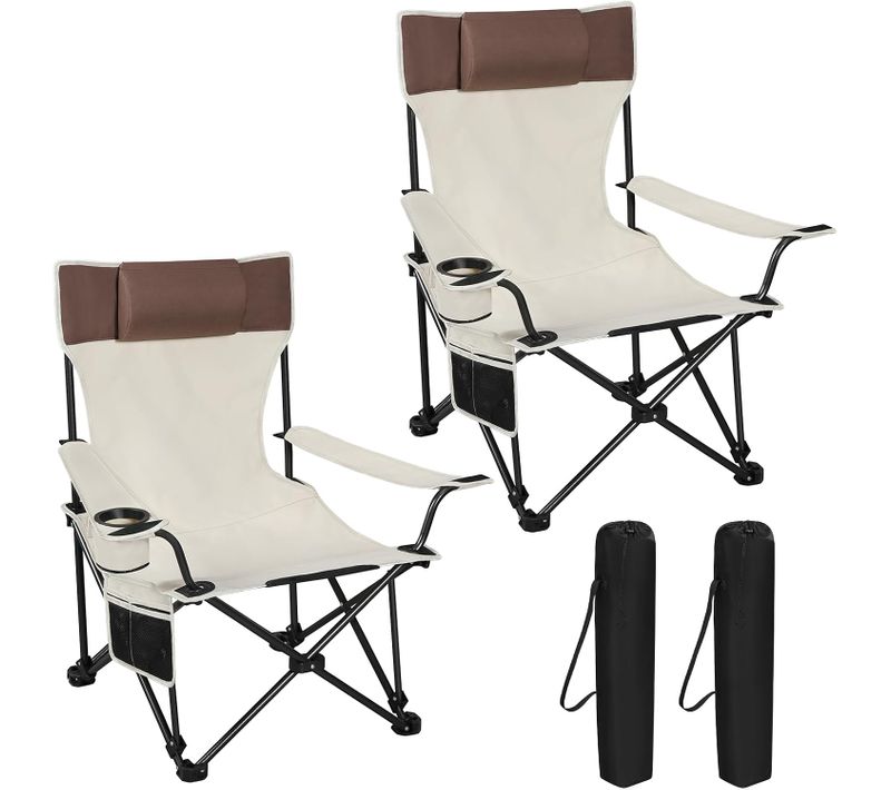2xChaise De Camping Pliable Avec Appui-tête,Porte-gobelet,Poche De Rangement,Sac De Transport,Beige