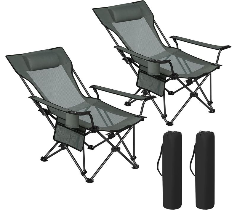 2xchaise Camping Pliante Avec Dossier,appui-tête,poche Latérale,garde-gobelet+sac De Transport,gris
