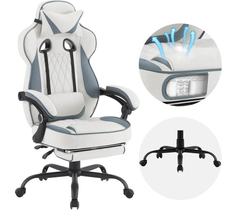 Fauteuil Gamer Pivotante, Chaise Bureau, En Tissu Leathaire, Hauteur Réglable, Bleu+Blanc