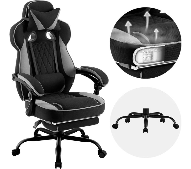 Fauteuil Gamer Pivotante,Hauteur Réglable,Chaise De Bureau Avec Réssorts, En Tissu Maillé, Noir+Gris