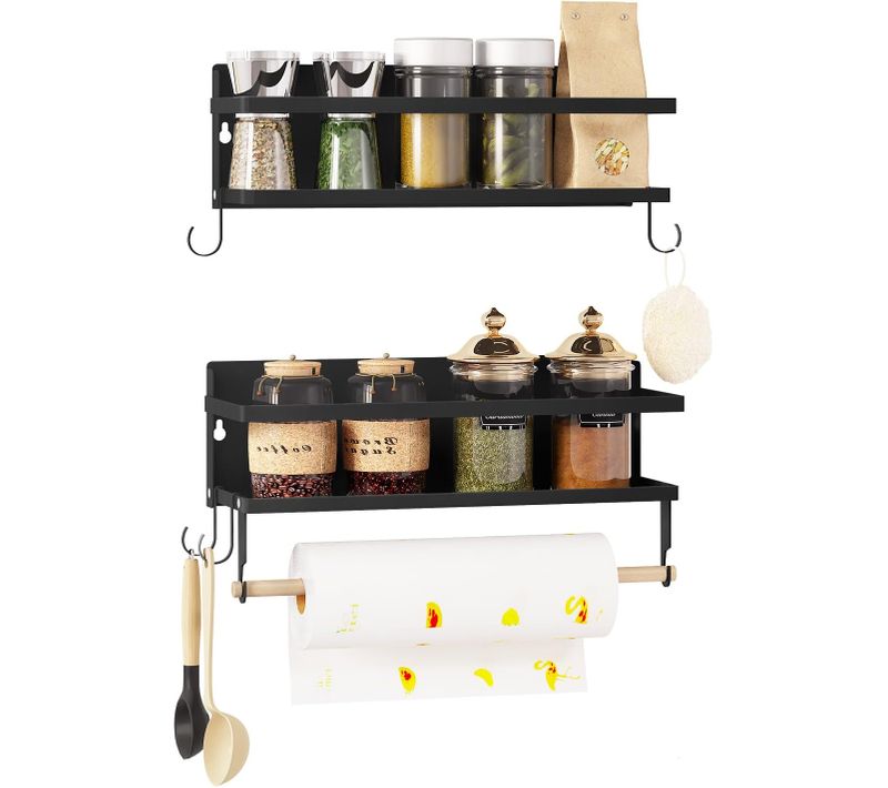 Lot De 2 Étagère Murale à Épices,porte Épices Cuisine,avec Porte-serviettes,4 Crochets,en Métalnoir