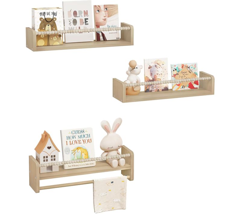 Lot De 3 Étagère Murale Pour Enfant,En Bois Massif,Bibliothèque Enfant Avec Perles En Bois,50cm